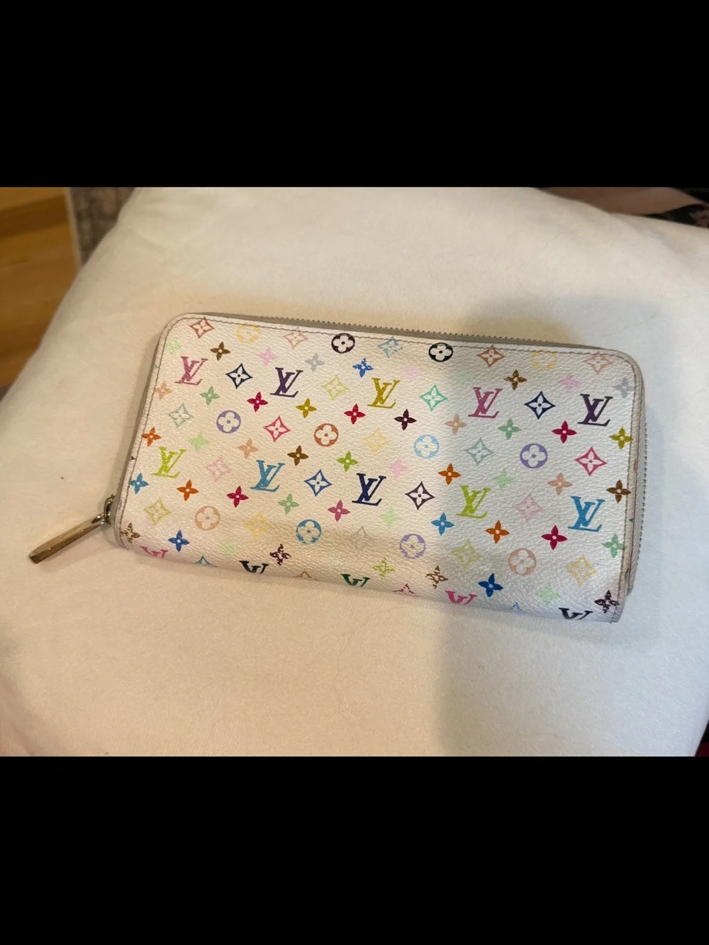 Authentic Louis Vuitton White Multicolor Monogram Long Zip Around Wallet